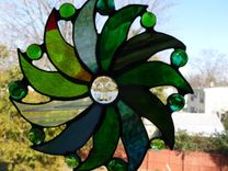 Moon Face And Sun Rays Stained Glass Art In Green 2 small