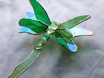 Double Winged Dragonfly Stained Glass Art In Green 2 small