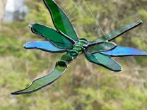 Double Winged Dragonfly Stained Glass Art In Green 3 small