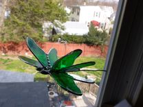 Double Winged Dragonfly Stained Glass Art In Green 5 small