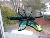 Double Winged Dragonfly Stained Glass Art In Aqua And Teal 5 small