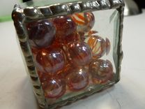 Cubic Glass Paperweight With Orange-Colored Glass Marbles 1 small