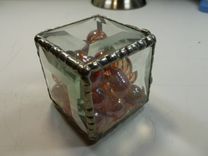 Cubic Glass Paperweight With Orange-Colored Glass Marbles 2 small