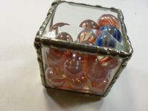Cubic Glass Paperweight With Orange-Colored Glass Marbles 3 small