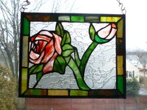 Red Rose Stained Glass Panel With Green And Brown Border 6 small