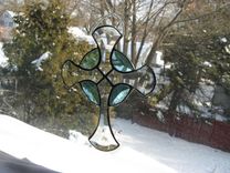 Beveled Stained Glass Celtic Cross In Turquoise 1 small