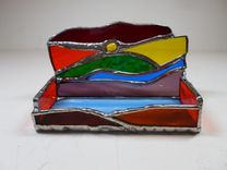 Multi-Colored Stained Glass Business Card Holder With Glass Gem "Funky Fun'' 1 small