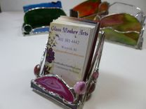 Stained Glass Upright Business Card Holder With Pink Brazilian Agate 3 small