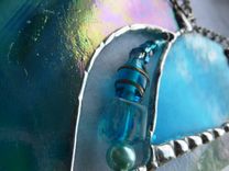 Iridescent Teal And Turquoise Stained Glass Heart With Beads And Crystals 1 small