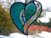 Iridescent Teal And Turquoise Stained Glass Heart With Beads And Crystals 3 small