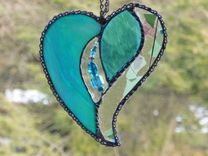 Iridescent Teal And Turquoise Stained Glass Heart With Beads And Crystals 4 small