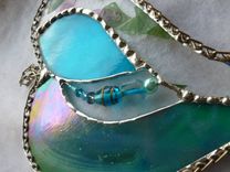 Iridescent Teal And Turquoise Stained Glass Heart With Beads And Crystals 5 small