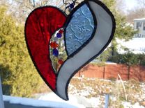 Blue And Red Iridescent Stained Glass Heart With Beads And Crystals 1 small