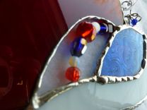 Blue And Red Iridescent Stained Glass Heart With Beads And Crystals 3 small