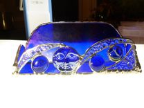 Blue Iridescent Moon Face Stained Glass Business Card Holder 1 small