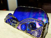 Blue Iridescent Moon Face Stained Glass Business Card Holder 2 small