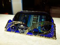 Blue Iridescent Moon Face Stained Glass Business Card Holder 4 small