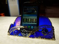 Blue Iridescent Moon Face Stained Glass Business Card Holder 5 small
