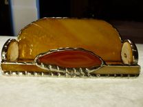 Amber Brown Stained Glass Business Card Holder With Agate 2 small
