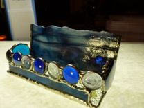 Blue And Purple Stained Glass Business Card Holder With Agate 1 small