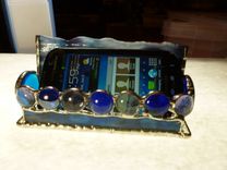 Blue And Purple Stained Glass Business Card Holder With Agate 3 small