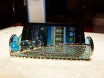 Iridescent Blue Stained Glass Business Card Holder With Agate 1 small