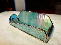 Iridescent Blue Stained Glass Business Card Holder With Agate 2 small