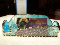 Iridescent Blue Stained Glass Business Card Holder With Agate 3 small