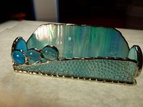 Iridescent Blue Stained Glass Business Card Holder With Agate 5 small