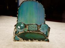 Blue Iridescent Upright Stained Glass Business Card Holder 1 small