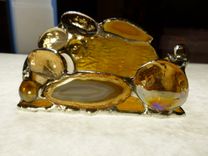 Amber Brown Stained Glass Business Card Holder With Agate Geode 2 small