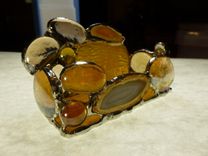 Amber Brown Stained Glass Business Card Holder With Agate Geode 3 small
