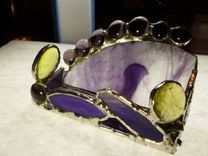 Purple And Yellow Stained Glass Business Card Holder With Agate Geode 1 small