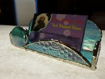 Iridescent Light Blue Stained Glass Business Card Holder 1 small