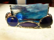 Unique Blue And Purple Stained Glass Business Card Holder With Agate Geode 1 small