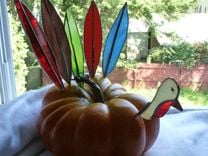 Stained Glass Turkey Head And Multicolored Feathers 3 small