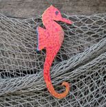 Handmade Upcycled Metal Red Orange Seahorse Wall Art Sculpture 2 small