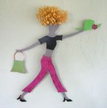 Shopper Lady Art Sculpture - Babs - Reclaimed Metal Wall Decor Blonde Pink Lime Green 1 small