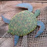 Sea Turtle Art Sculpture Reclaimed Metal Ocean Decor Bathroom Wall Art Green Orange Yellow 2 small