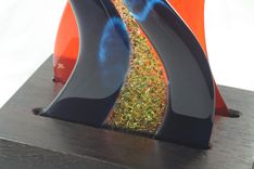 Orange And Blue Fused Glass Sculpture With Wooden Base 1 small