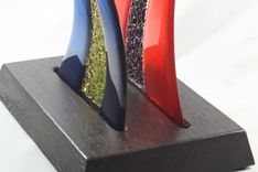 Orange And Blue Fused Glass Sculpture With Wooden Base 2 small