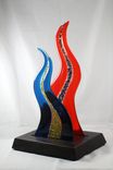 Orange And Blue Fused Glass Sculpture With Wooden Base 4 small
