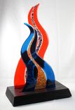 Orange And Blue Fused Glass Sculpture With Wooden Base 5 small