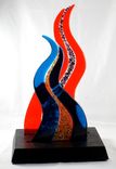 Orange And Blue Fused Glass Sculpture With Wooden Base 6 small
