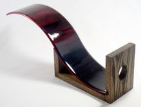 Fused Glass Wine Bottle With Oak Base "Deep Red Wave" 2 small