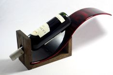 Fused Glass Wine Bottle With Oak Base "Deep Red Wave" 5 small