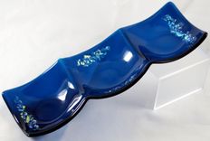 3-Section Fused Glass Dish In Deep Aqua With Dichroic Accents 3 small