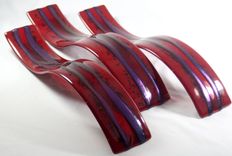 Glass Art Sculpture With Red Waves In Set Of 3 2 small