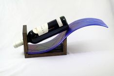 Iridescent Blue Wine Bottle Holder With Oak Base 1 small
