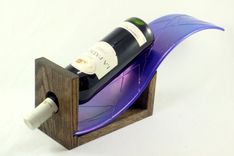 Iridescent Blue Wine Bottle Holder With Oak Base 3 small